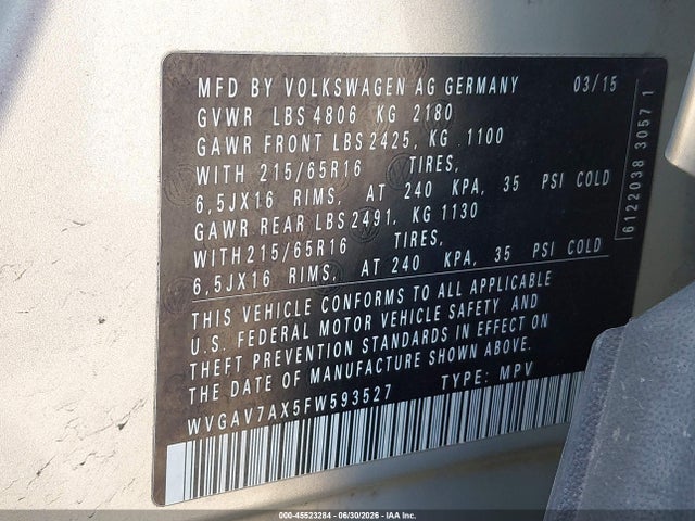 2015 Volkswagen Tiguan S მანქანა იყიდება აუქციონზე, vin: WVGAV7AX5FW593527, აუქციონის ნომერი: 45523284