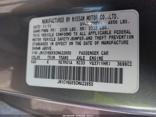 45523296 :رقم المزاد ، JN1CV6EK5CM422650 vin ، 2012 Infiniti G37 Journey مزاد بيع