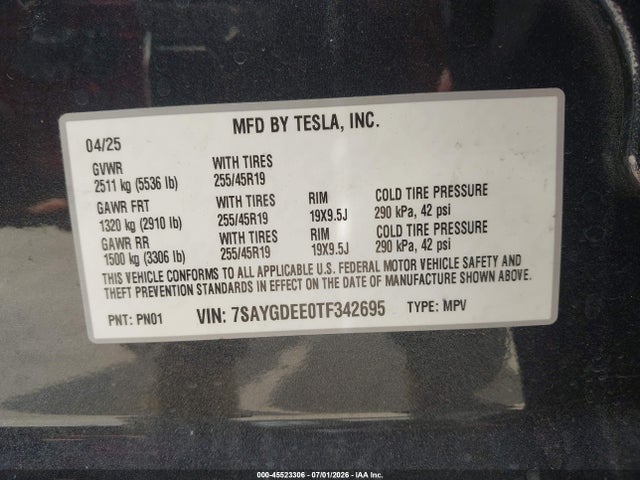 2026 Tesla Model Y All-wheel Drive/long Range Launch Series/premium All-wheel Drive მანქანა იყიდება აუქციონზე, vin: 7SAYGDEE0TF342695, აუქციონის ნომერი: 45523306