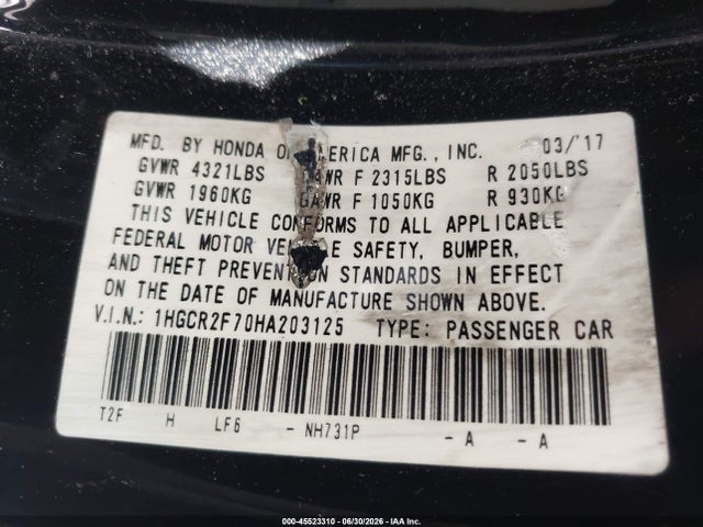 1HGCR2F70HA203125 Honda ACCORD EX