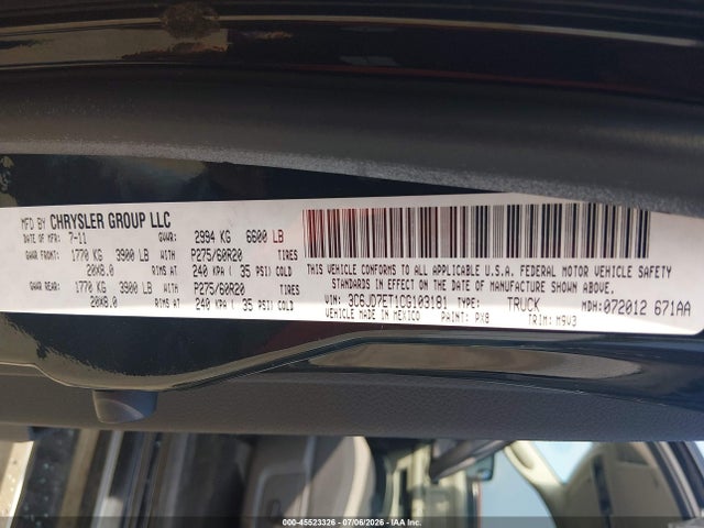 45523326 :رقم المزاد ، 3C6JD7ET1CG103181 vin ، 2012 Ram 1500 Outdoorsman مزاد بيع