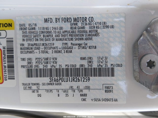 3FA6P0LU1JR261259 Ford Fusion Hybrid Se