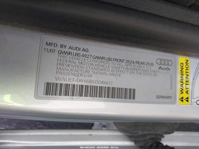 Продаж на аукціоні авто 2008 Audi A4 2.0t, vin: WAUEF48H68K008607, номер лоту: 45523343