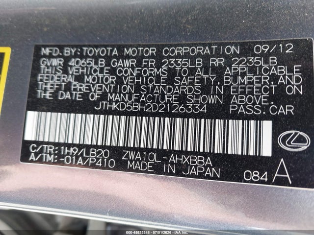 2013 Lexus Ct 200h მანქანა იყიდება აუქციონზე, vin: JTHKD5BH2D2126334, აუქციონის ნომერი: 45523348