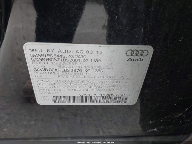 45523351 :رقم المزاد ، WA1LFAFP0CA096758 vin ، 2012 Audi Q5 2.0t Premium مزاد بيع
