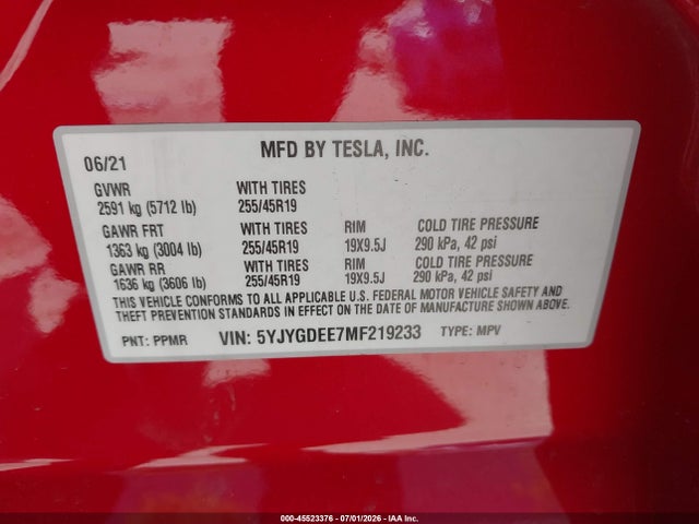 Продажа на аукционе авто 2021 Tesla Model Y Long Range Dual Motor All-wheel Drive, vin: 5YJYGDEE7MF219233, номер лота: 45523376
