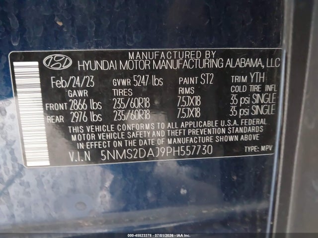 Продаж на аукціоні авто 2023 Hyundai Santa Fe Sel, vin: 5NMS2DAJ9PH557730, номер лоту: 45523378