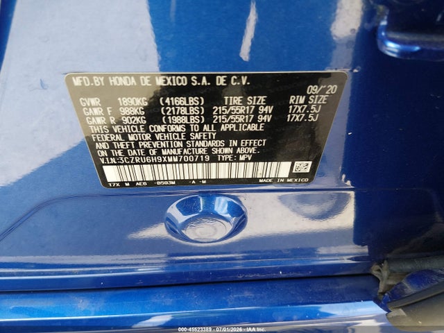 2021 Honda Hr-v Awd Touring მანქანა იყიდება აუქციონზე, vin: 3CZRU6H9XMM700719, აუქციონის ნომერი: 45523389