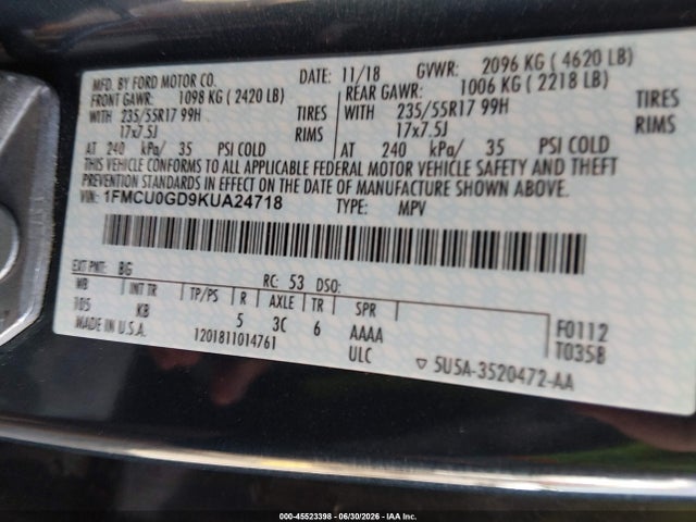 1FMCU0GD9KUA24718 Ford ESCAPE SE
