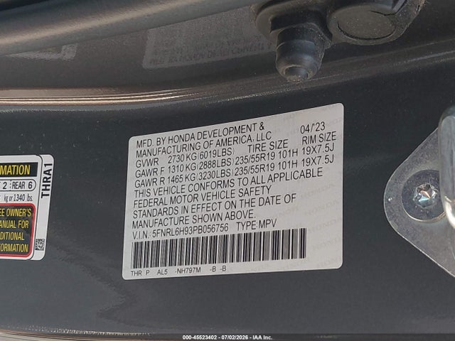 Aukcja sprzedaży 2023 Honda Odyssey Elite, vin: 5FNRL6H93PB056756, numer aukcji: 45523402