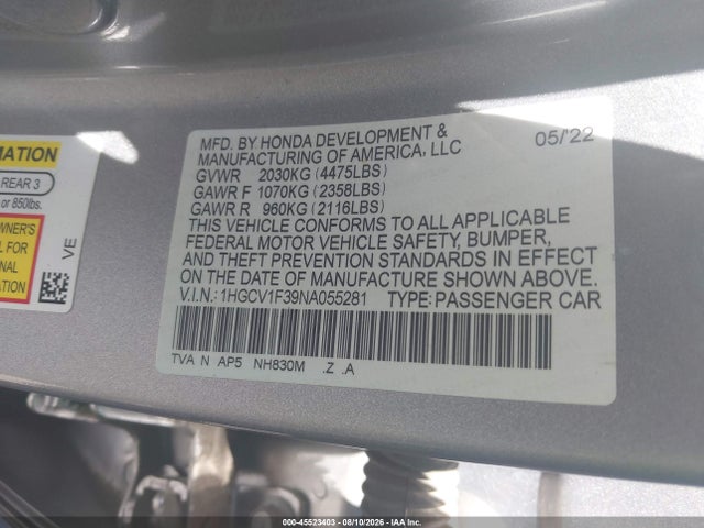 1HGCV1F39NA055281 Honda Accord Sport