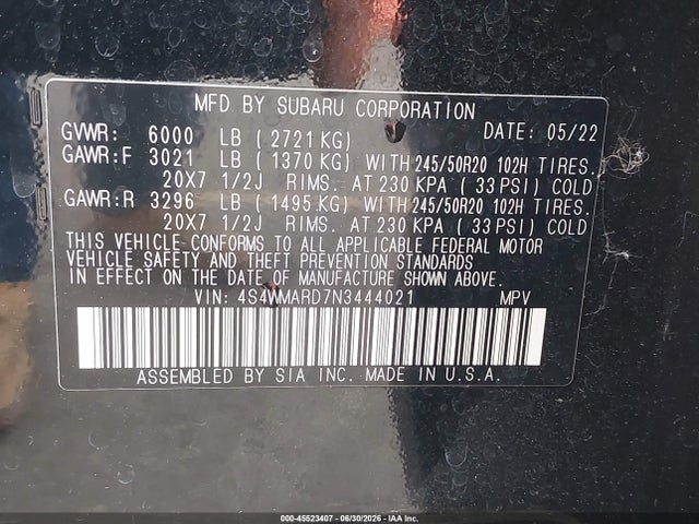 45523407 :رقم المزاد ، 4S4WMARD7N3444021 vin ، 2022 Subaru Ascent Touring مزاد بيع