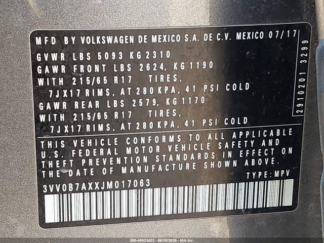 Aukcja sprzedaży 2018 Volkswagen Tiguan 2.0t S, vin: 3VV0B7AXXJM017063, numer aukcji: 45523423