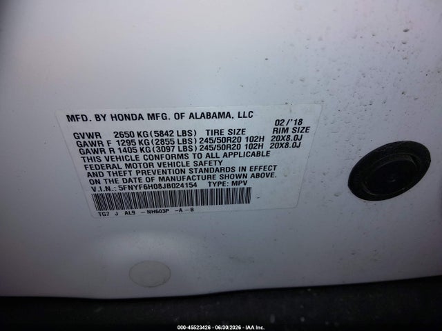 Honda Pilot Elite 2018 5FNYF6H08JB024154 Image 9