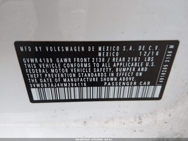 Aukcja sprzedaży 2017 Volkswagen Jetta 1.4t Se, vin: 3VWDB7AJ4HM294116, numer aukcji: 45523435