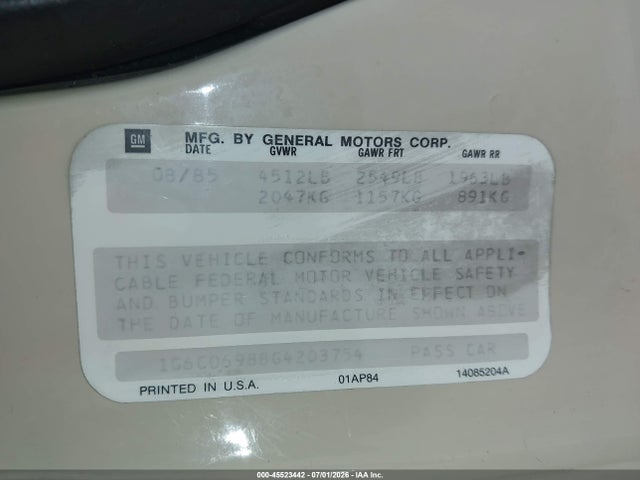 45523442 :رقم المزاد ، 1G6CD6988G4203754 vin ، 1986 Cadillac Deville Fleetwood مزاد بيع