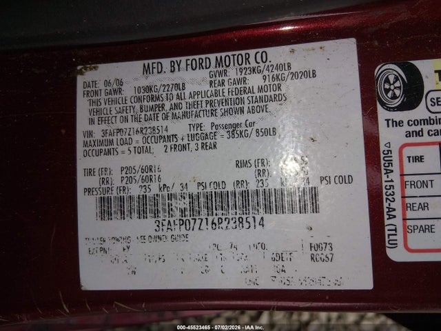 Продаж на аукціоні авто 2006 Ford Fusion Se, vin: 3FAFP07Z16R238514, номер лоту: 45523465