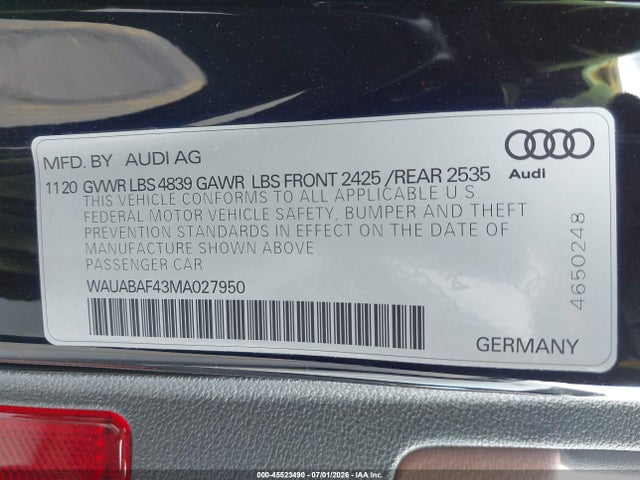 2021 Audi A4 Premium 40 Tfsi Quattro S Tronic მანქანა იყიდება აუქციონზე, vin: WAUABAF43MA027950, აუქციონის ნომერი: 45523490