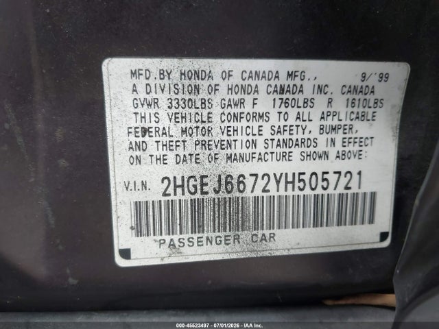 45523497 :رقم المزاد ، 2HGEJ6672YH505721 vin ، 2000 Honda Civic Lx مزاد بيع