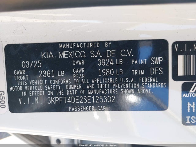 Продаж на аукціоні авто 2025 Kia K4 Lxs, vin: 3KPFT4DE2SE125302, номер лоту: 45523501