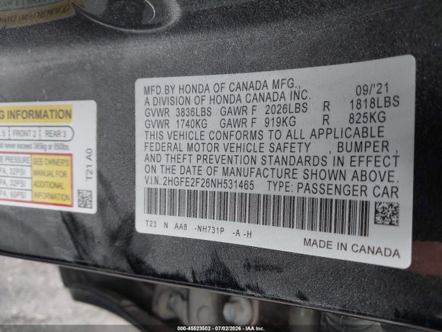 2HGFE2F26NH531465 Honda Civic Lx