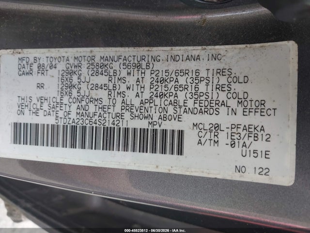 Aukcja sprzedaży 2004 Toyota Sienna Le, vin: 5TDZA23C64S214211, numer aukcji: 45523512