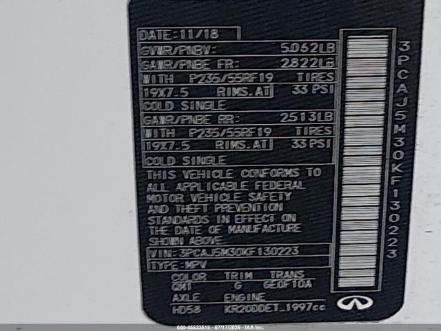 2019 Infiniti Qx50 Luxe მანქანა იყიდება აუქციონზე, vin: 3PCAJ5M30KF130223, აუქციონის ნომერი: 45523515