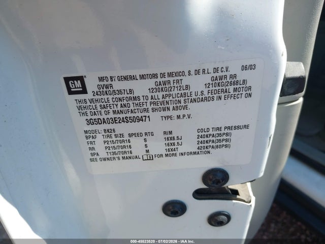 45523520 :رقم المزاد ، 3G5DA03E24S509471 vin ، 2004 Buick Rendezvous Cx مزاد بيع