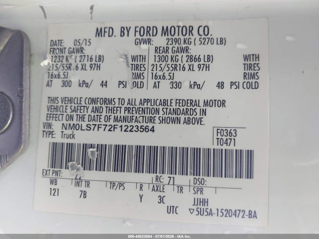 Продажа на аукционе авто 2015 Ford Transit Connect Xlt, vin: NM0LS7F72F1223564, номер лота: 45523584