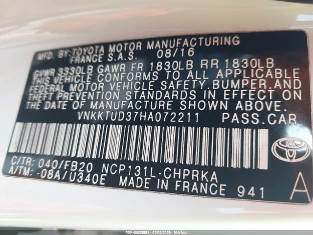 VNKKTUD37HA072211 Toyota YARIS LE