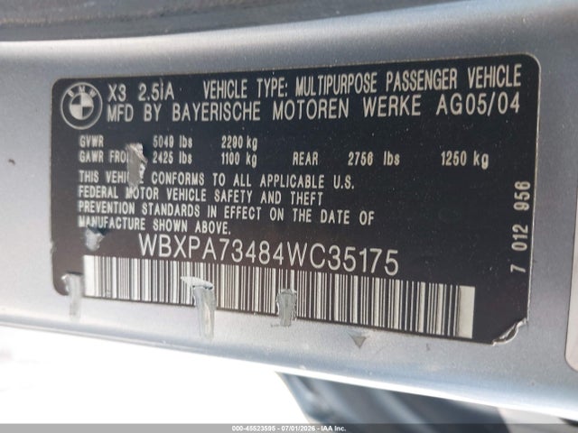 Aukcja sprzedaży 2004 Bmw X3 2.5i, vin: WBXPA73484WC35175, numer aukcji: 45523595