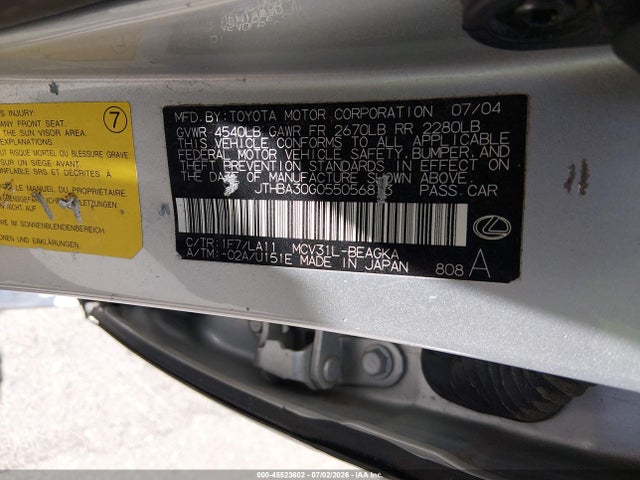 2005 Lexus Es 330 მანქანა იყიდება აუქციონზე, vin: JTHBA30G055056873, აუქციონის ნომერი: 45523602