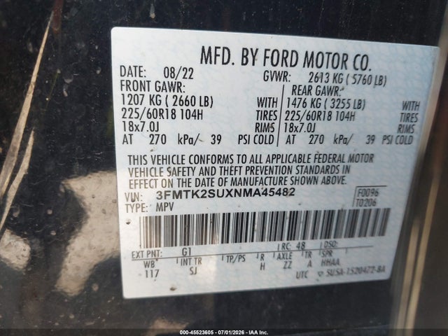 Продажа на аукционе авто 2022 Ford Mustang Mach-e California Route 1, vin: 3FMTK2SUXNMA45482, номер лота: 45523605