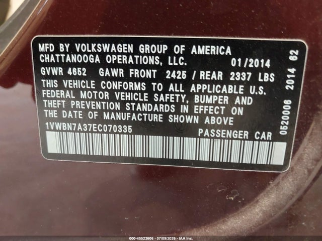 Продажа на аукционе авто 2014 Volkswagen Passat 2.0l Tdi Se, vin: 1VWBN7A37EC070335, номер лота: 45523606