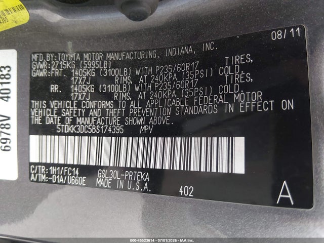 Продажа на аукционе авто 2011 Toyota Sienna Le V6, vin: 5TDKK3DC5BS174395, номер лота: 45523614