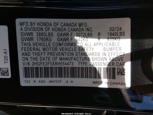 2HGFE2F5XRH554473 Honda Civic Sport