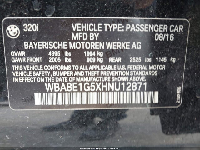 2017 Bmw 320i მანქანა იყიდება აუქციონზე, vin: WBA8E1G5XHNU12871, აუქციონის ნომერი: 45523619