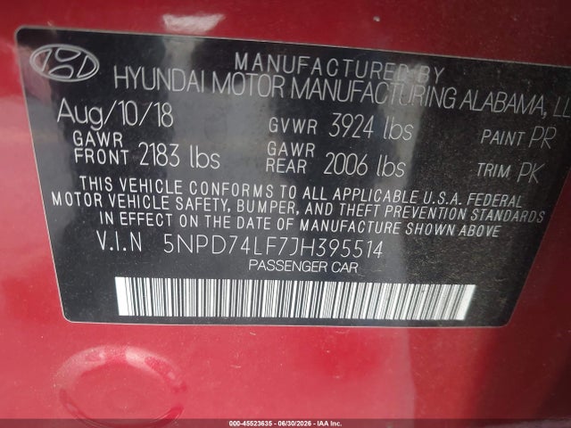 5NPD74LF7JH395514 Hyundai ELANTRA SE