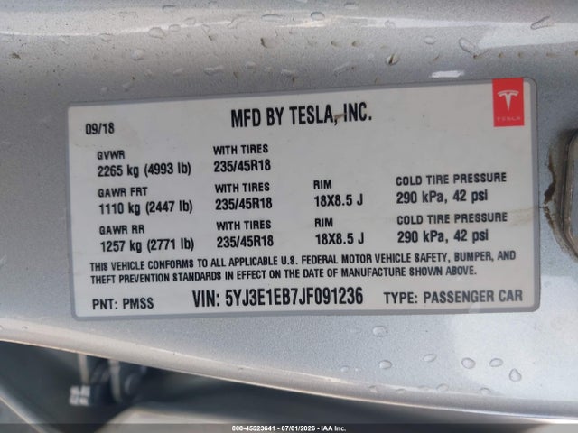 2018 Tesla Model 3 Long Range/performance მანქანა იყიდება აუქციონზე, vin: 5YJ3E1EB7JF091236, აუქციონის ნომერი: 45523641