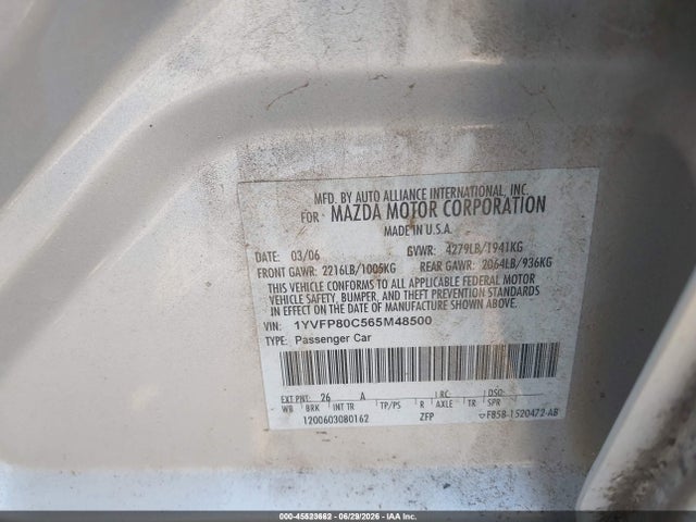 2006 Mazda Mazda6 I მანქანა იყიდება აუქციონზე, vin: 1YVFP80C565M48500, აუქციონის ნომერი: 45523662