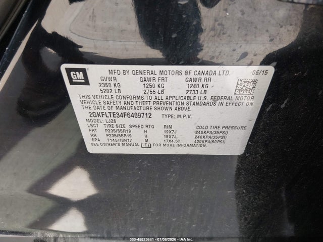 Aukcja sprzedaży 2015 Gmc Terrain Slt-2, vin: 2GKFLTE34F6409712, numer aukcji: 45523681