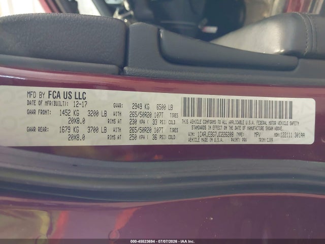 45523694 :رقم المزاد ، 1C4RJEBG7JC226208 vin ، 2018 Jeep Grand Cherokee Limited 4x2 مزاد بيع