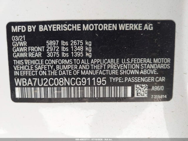 Продажа на аукционе авто 2022 Bmw 750 I Xdrive, vin: WBA7U2C08NCG91195, номер лота: 45523711
