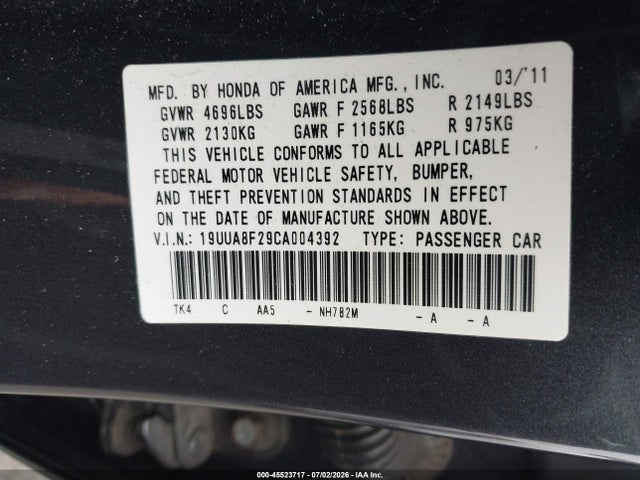 Aukcja sprzedaży 2012 Acura Tl 3.5, vin: 19UUA8F29CA004392, numer aukcji: 45523717