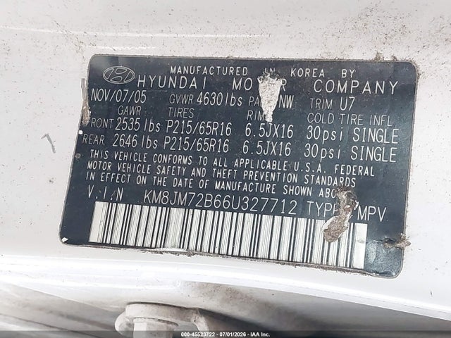 Продажа на аукционе авто 2006 Hyundai Tucson Gl, vin: KM8JM72B66U327712, номер лота: 45523722