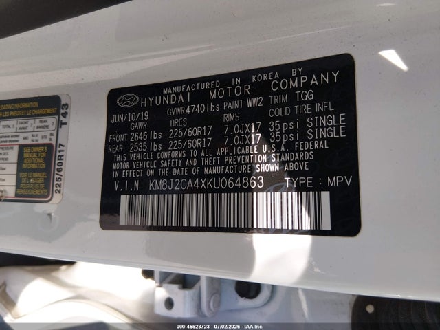 Продаж на аукціоні авто 2019 Hyundai Tucson Se, vin: KM8J2CA4XKU064863, номер лоту: 45523723