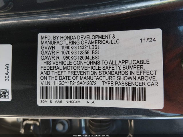 45523725 :رقم المزاد ، 1HGCY1F21SA012872 vin ، 2025 Honda Accord Lx مزاد بيع