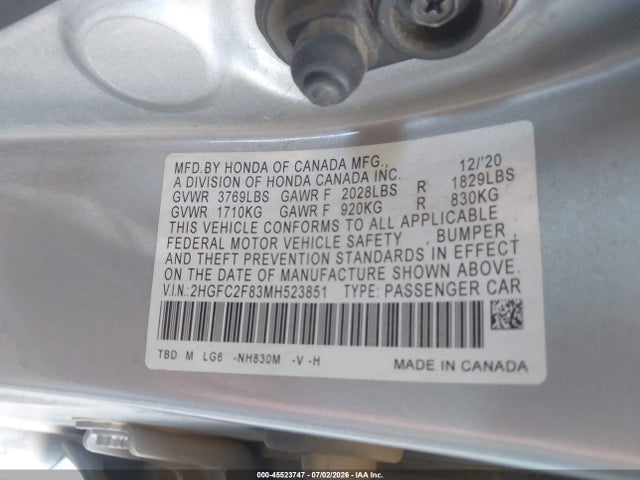 2HGFC2F83MH523851 Honda Civic Sport