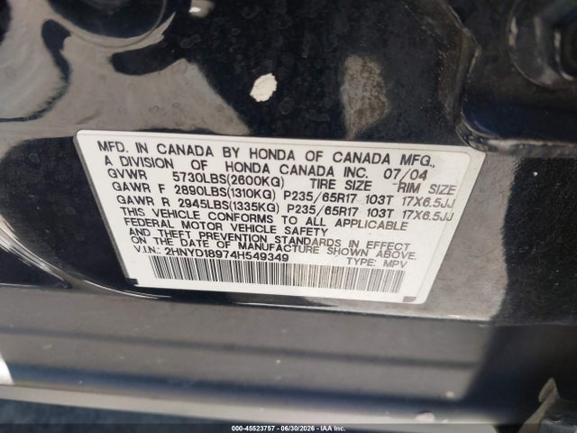 45523757 :رقم المزاد ، 2HNYD18974H549349 vin ، 2004 Acura Mdx مزاد بيع