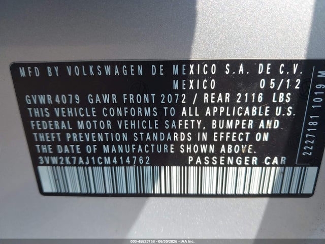Продажа на аукционе авто 2012 Volkswagen Jetta 2.0l S, vin: 3VW2K7AJ1CM414762, номер лота: 45523758